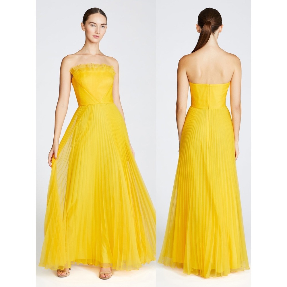 Theia Yellow Enver Pleated Organza Strapless Gown $845 - Size 4